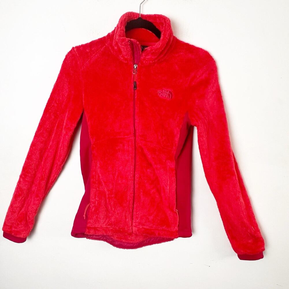 The North Face women XS Red/ Pink Two Tone Fuzzy Fleece Zip Jacket Coat